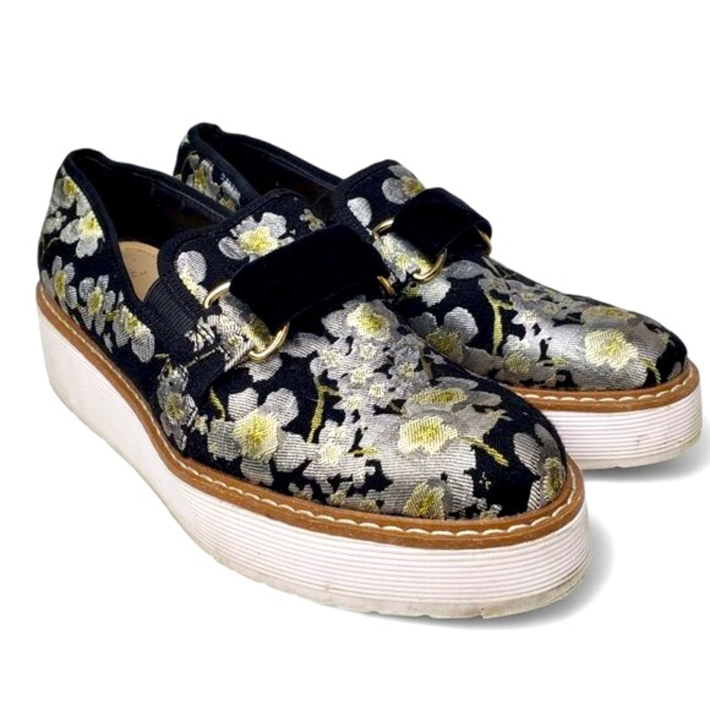 Zara Kimono Platform Slip On Loafers Women's Embroidered Floral Metallic 6